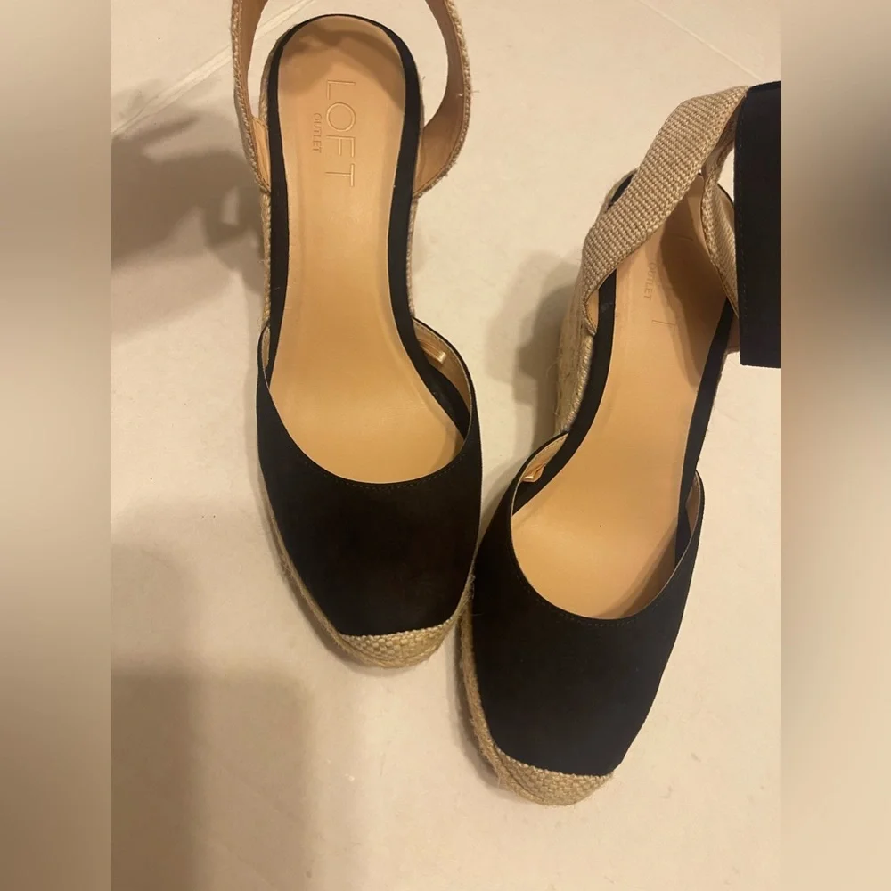 LOFT Black and Natural Espadrille Wedge Sandals